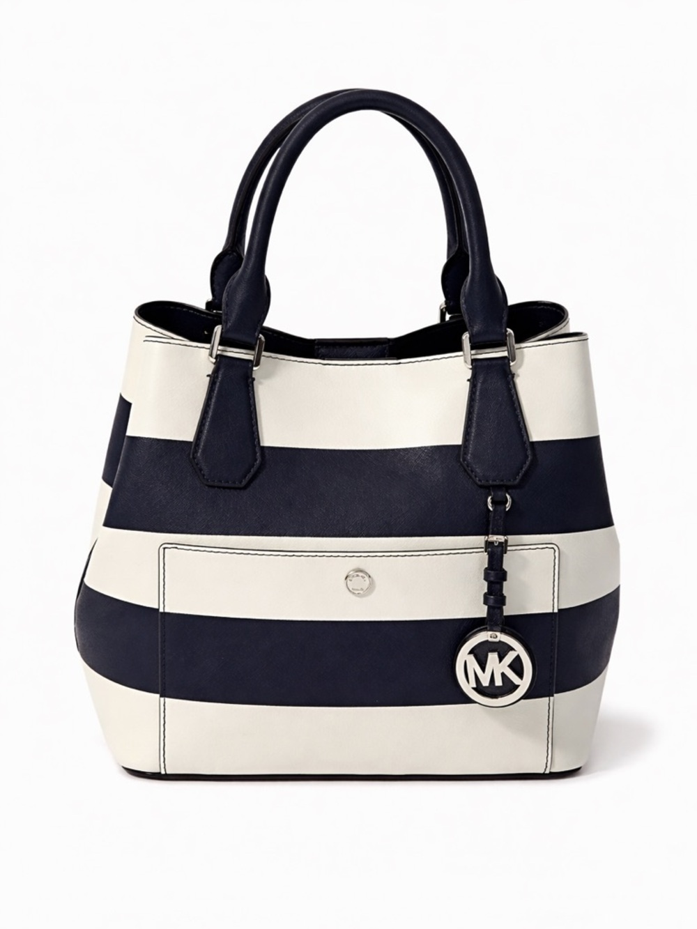 Michael Kors Navy White Stripe Satchel Structured bag vacation - Picture 2 of 12